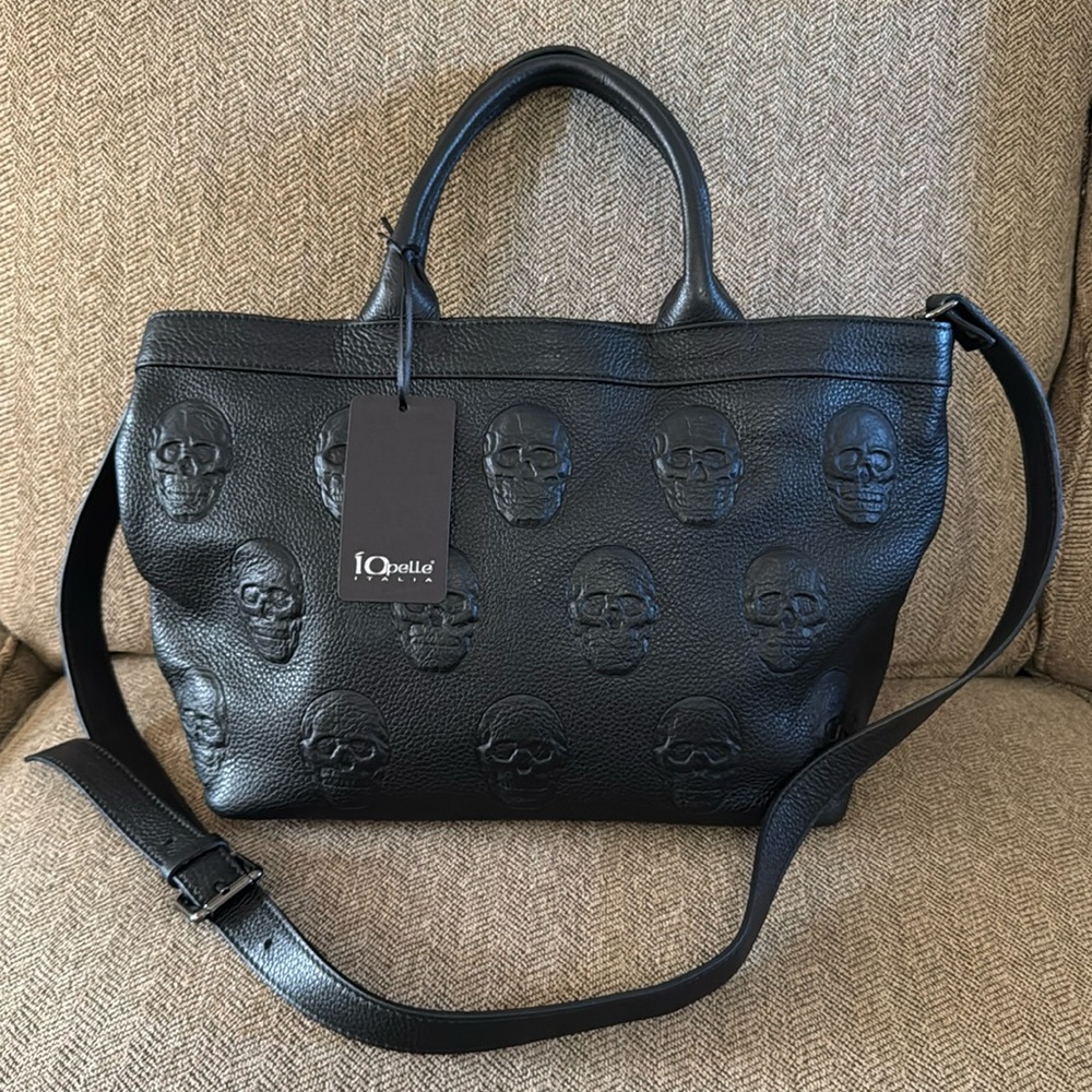 NWT IO Pelle genuine leather black handbag with crossbody strap